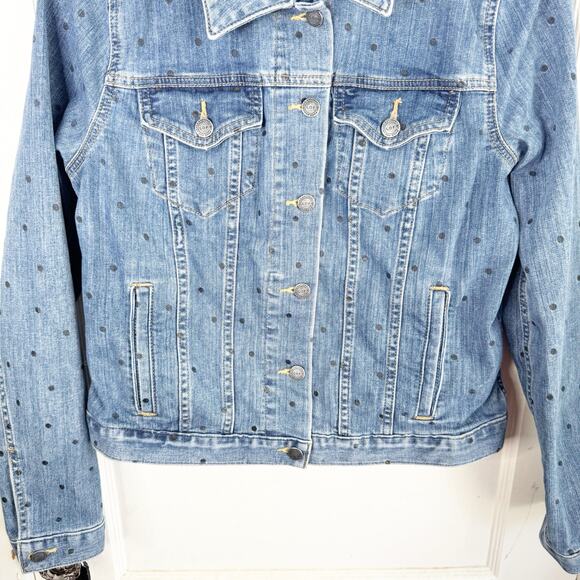 LOFT Collared Long Sleeve Polka Dot Denim Jacket Stretch Size Large L Preppy - Picture 5 of 12